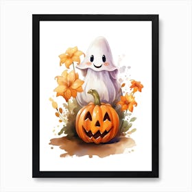 Cute Ghost With Pumpkins Halloween Watercolour 67 Art Print