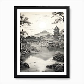 Amanohashidate In Kyoto, Ukiyo E Black And White Line Art Drawing 3 Art Print