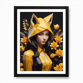 Low Poly Floral Fox Girl, Black And Yellow (23) Art Print