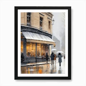 Paris cafes, winter season, Christmas, autumn oil colors, pale colors, pedestrians in the street, winter clothes, falling snow.Christmas decorations.1 1 Art Print