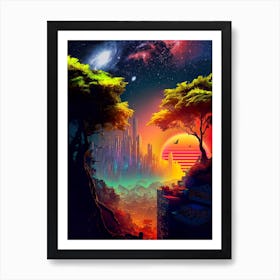 Synthwave cyberpunk city in a forest — surreal space collage art, cosmic futuristic sci-fi collage Art Print