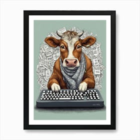 Cow On A Computer Art Print