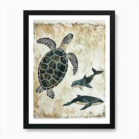 Sea Turtle & Whales Vintage Illustration Art Print