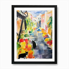 Food Market With Cats In Positano 2 Watercolour Art Print