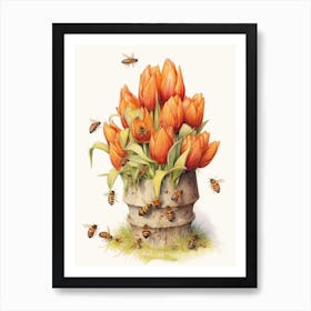 Beehive With Tulips Watercolour Illustration 2 Art Print