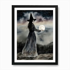 Behold! The Moon! Witchy Watercolor Art by Lyra the Lavender Witch - A Beautiful Witch Holding the Full Moon in her Hands - Dark Aesthetic Pagan Wicca Fairytale Magical Cool Halloween All Year HD Art Print