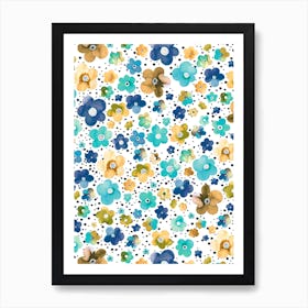 Dots Naive Flowers Blue Multi Ocre Art Print