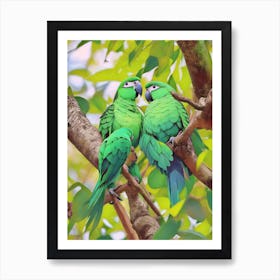 Green Beautiful Junggle Parakeets Art Print