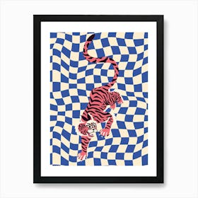 Tiger On Blue Checkered Pattern Art Print