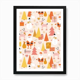 Happy Christmas Forest with Santa, Snowmen, Gifts, and Reindeer on Pastel Peach Art Print