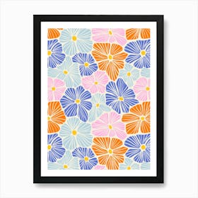 Flower Mosaic Pink Orange Blue Textured Hand Drawn Art Print