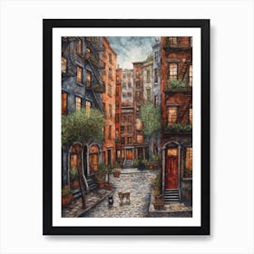 Painting Of New York With A Cat In The Style Of Renaissance, Da Vinci 2 Art Print