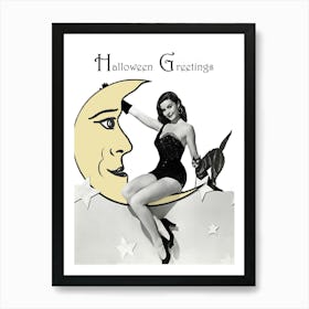 Sexy Pinup Girl Sitting On A Moon With Her Black Cat Art Print