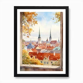 Window View Of Tallinn Estonia In Autumn Fall, Watercolour 4 Art Print