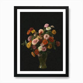 Zinnias, Flowers In A Vase, Dark Moody Floral Still Life Vintage Art Art Print