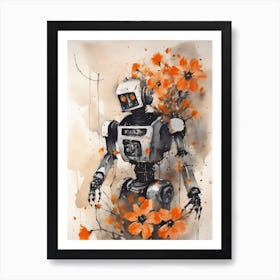 Robot Abstract Orange Flowers Painting (16) Art Print