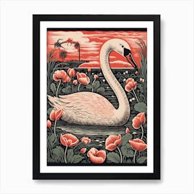 Vintage Bird Linocut Swan 2 Art Print