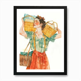 Illustration Of A Woman Carrying Baskets Art Print