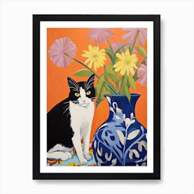 Delphinium Flower Vase And A Cat, A Painting In The Style Of Matisse 2 Art Print