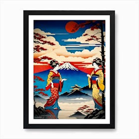 Two Geisha Women at Mt Fuji Art Print