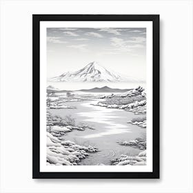 Shiretoko Peninsula In Hokkaido, Ukiyo E Black And White Line Art Drawing 1 Art Print