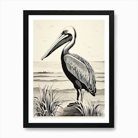 B&W Bird Linocut Brown Pelican Art Print