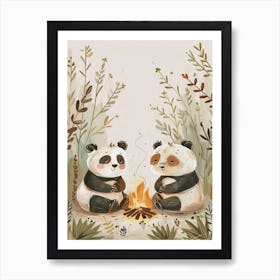 Giant Panda Two Bears Sitting Together By A Campfire Storybook Illustration 2 Art Print