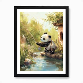 Giant Panda Fishing In A Stream Storybook Illustration 4 Art Print