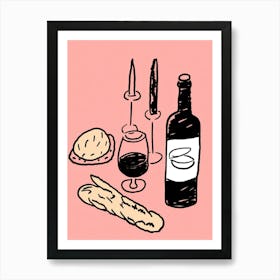 Wine Bread And Candles Kitchen Dinner Pink Art Print