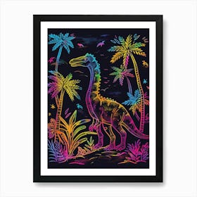 Neon Dinosaur With Palm Trees Line Illustration Art Print