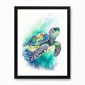 Sea Turtle In Deep Ocean, Sea Turtle Watercolour 1 Art Print