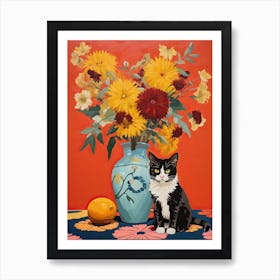 Chrysanthemum Flower Vase And A Cat, A Painting In The Style Of Matisse 0 Art Print