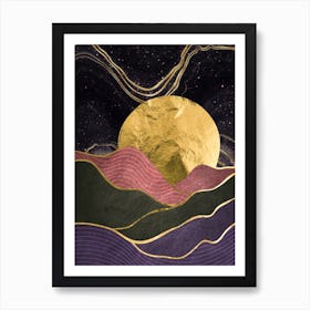 Gold And Purple Mountains - Gold landscape with moon #3 Art Print