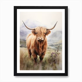 Curious Highland Cow In Field With Rolling Hills Watercolour 4 Art Print