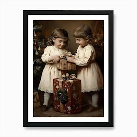 Two Little Girls With Christmas Presents 1 Art Print