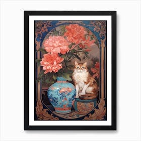 Peony With A Cat 2 Art Nouveau Style Art Print