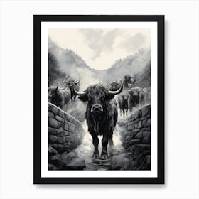 Black & White Illustration Of Highland Cow With A Brick Wall Art Print