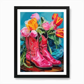 Oil Painting Of Tulips Flowers And Cowboy Boots, Oil Style 2 Art Print