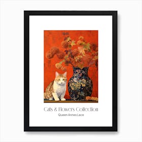 Cats & Flowers Collection Queen Annes Lace Flower Vase And A Cat, A Painting In The Style Of Matisse 0 Art Print