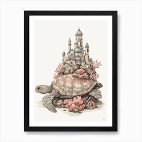 Sea Turtle With A Coral Castle Illustration 4 Art Print