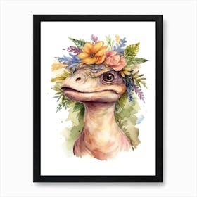 Velociraptor With A Crown Of Flowers Cute Dinosaur Watercolour 4 Art Print
