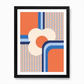 Retro 70s Geometric Floral, Blue, Apricot, Cream Art Print