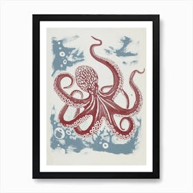 Red & Blue Octopus Making Bubbles 2 Art Print