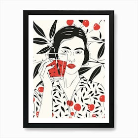 Woman Portrait With Cherries 5 Pattern Art Print