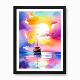 Sailboat In The Sea At Sunset Art Print