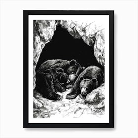 Malayan Sun Bear Family Sleeping In A Cave Ink Illustration 2 Art Print