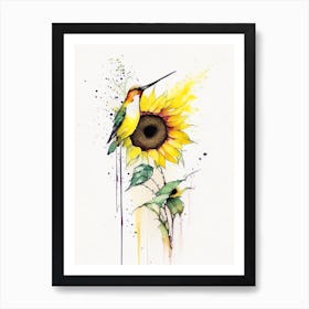 Hummingbird And Sunflower Minimalist Watercolour Art Print