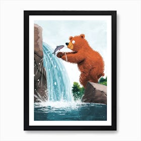 Brown Bear Catching Fish In A Waterfall Storybook Illustration 3 Art Print