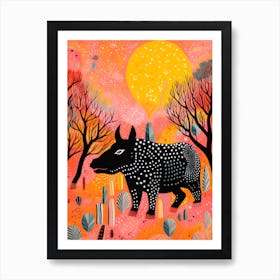 Polka Dot Rhino With Orange Pink Sunset Art Print