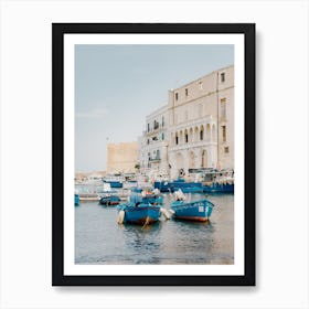 Blue Fishing Boats In The Harbor of Monopoli, Puglia in Italy - travel photography 1 Art Print
